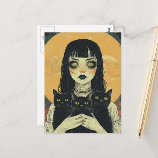 Goth Meisje Met Drie Zwarte Katten Briefkaart (Voorkant / Achterkant in situ)