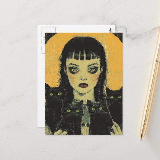 Goth Meisje Met Vier Zwarte Katten Briefkaart (Voorkant / Achterkant in situ)