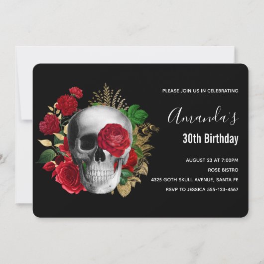 Goth Schedel met Rode Bloemen & Gouden Bladeren Ve Kaart (Voorkant)