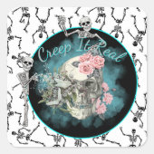 Goth Skull Pink Roses Halloween Vierkante Sticker (Voorkant)