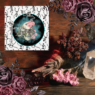 Goth Skull Pink Roses Halloween Vierkante Sticker