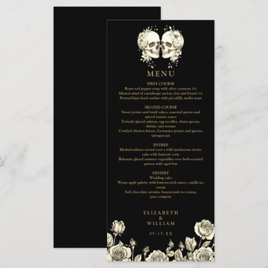 Goth Skulls Floral Black And Gold Gothic Wedding Menu (Voorkant / Achterkant)