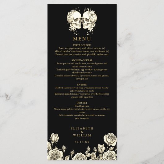 Goth Skulls Floral Black And Gold Gothic Wedding Menu (Voorkant)