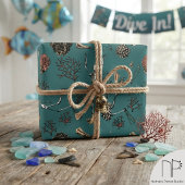 Goth Teal Skelet Duiker en Koraal Cadeaupapier