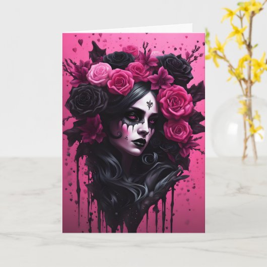 Goth-vrouw Roze en Zwarte Valentijn Kaart (Gele Bloem)