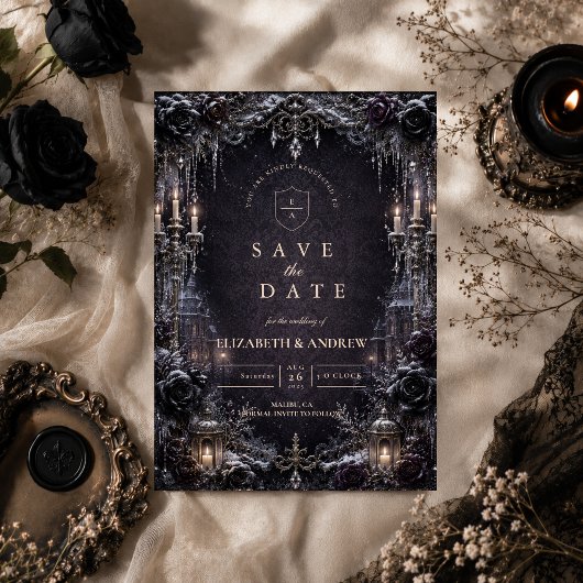 Goth winterhuwelijk met sfeer save the date