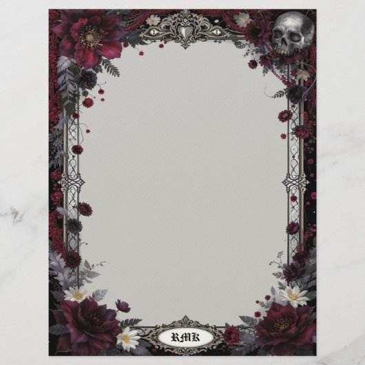 Goth with Red & White Flowers & Skull Stationery Briefhoofd (Voorkant)