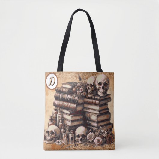Gothic Academia Library of Skulls Monogram Tote Bag (Voorkant)