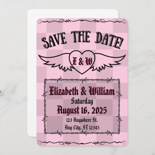 Gothic Alternatief Geruit Tattoo Hart Save The Date (Voorkant / Achterkant)