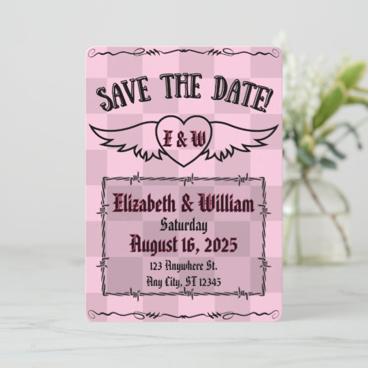 Gothic Alternatief Geruit Tattoo Hart Save The Date (Staand voorkant)