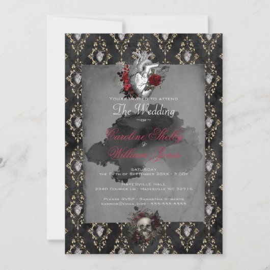 Gothic Anatomy Heart Black Roos Wedding Invitation Kaart (Voorkant)