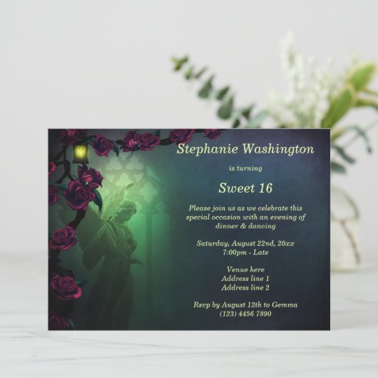 Gothic Angel Church Raam & Rozen Sweet 16 Kaart (Staand voorkant)