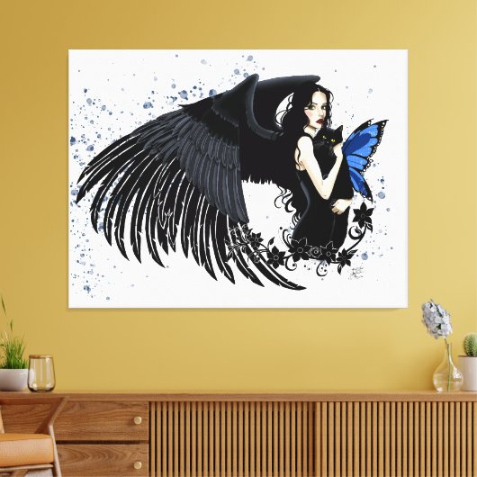 Gothic Angel Wings Black Cat Canvas Afdruk (Insitu (Woonkamer))