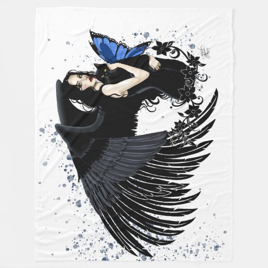 Gothic Angel Wings Black Cat Fleece Deken (Voorkant)