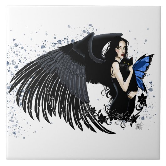 Gothic Angel Wings Black Cat Tegeltje (Voorkant)