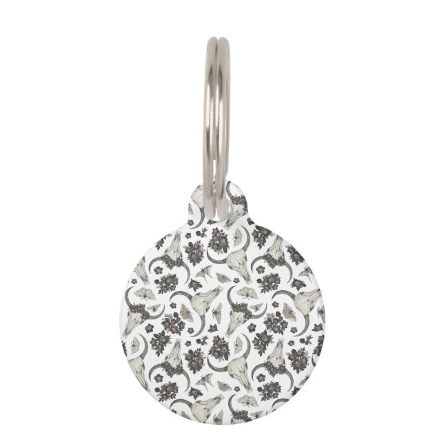 Gothic Animal Skull met Flowers Pattern Huisdierpenning (Voorkant)