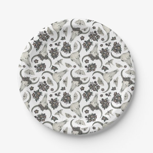 Gothic Animal Skull met Flowers Pattern Papieren Bordje (Voorkant)