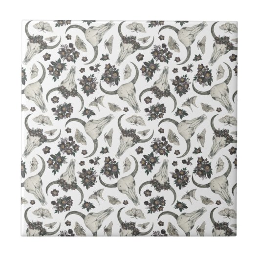 Gothic Animal Skull met Flowers Pattern Tegeltje (Voorkant)