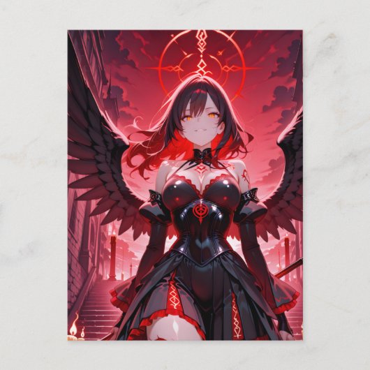 Gothic Anime Fallen Angel Red Moon Halloween Feestdagenkaart (Voorkant)