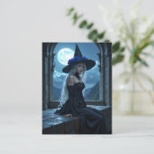 Gothic Anime Witch Blue Roos Moonlit Halloween Feestdagenkaart (Staand voorkant)