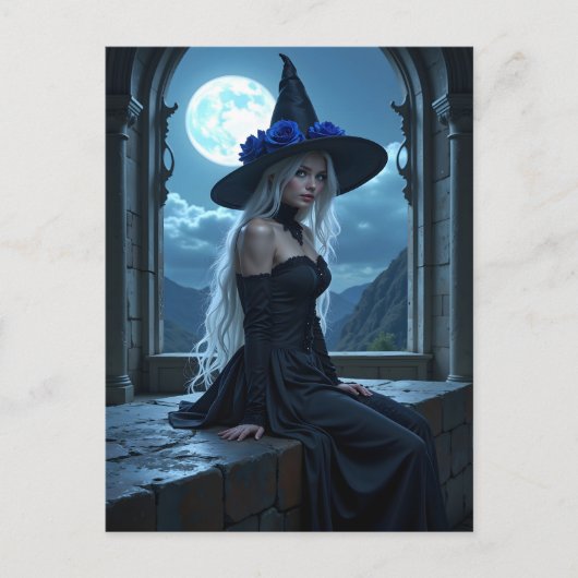 Gothic Anime Witch Blue Roos Moonlit Halloween Feestdagenkaart (Voorkant)