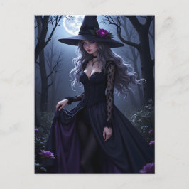 Gothic Anime Witch Purple Rose Moonlit Halloween Feestdagenkaart