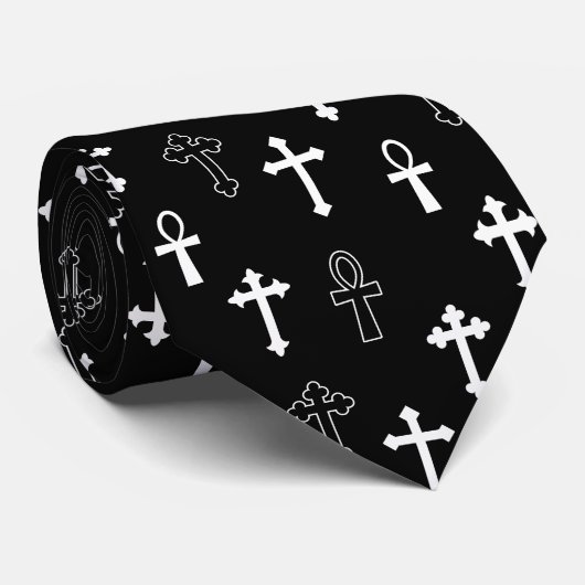 Gothic Ankh Crucific Black White Icon Pattern Stropdas (Opgerold)