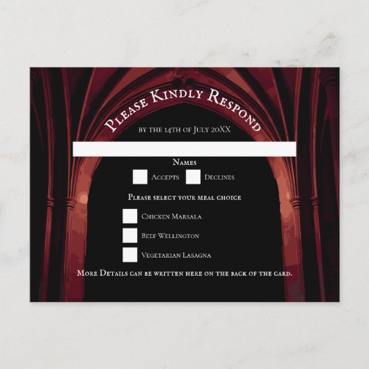 Gothic Arch Elegant Wedding Dark Black Red Feestdagenkaart (Voorkant)