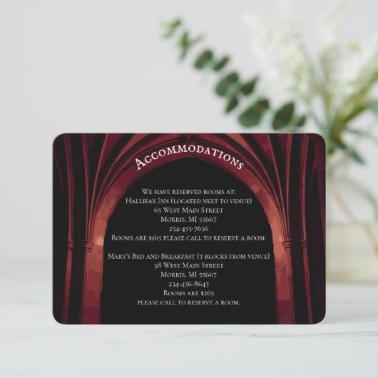 Gothic Arch Elegant Wedding Dark Black Red Informatiekaartje (Staand voorkant)