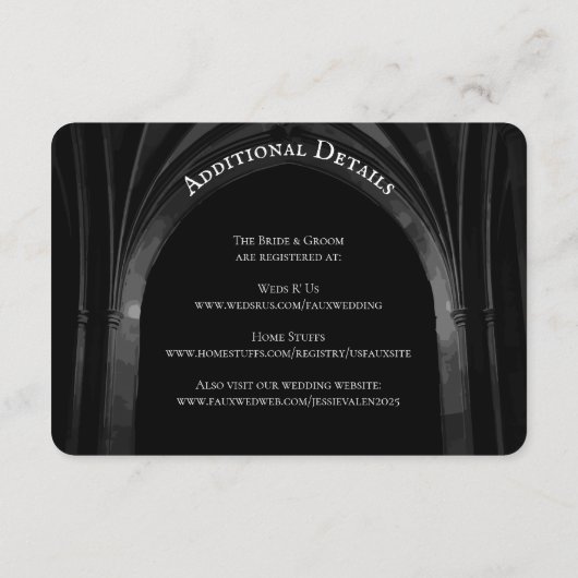 Gothic Arch Elegant Wedding Donker Zwart-wit Informatiekaartje (Achterkant)