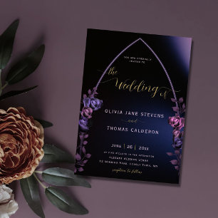 Gothic Arch Moody Paarse Rozen Chic Floral Wedding Kaart
