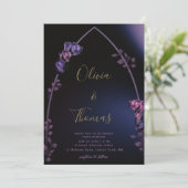 Gothic Arch Moody Paarse Rozen Gold Script Weduwen Kaart (Staand voorkant)