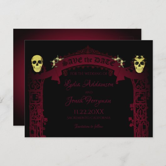 Gothic Arch Trellis en Skulls Wedding Aankondigingskaart (Voorkant / Achterkant)