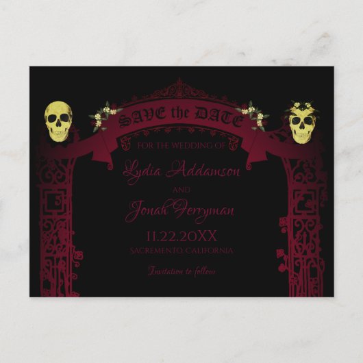 Gothic Arch Trellis en Skulls Wedding Aankondigingskaart (Voorkant)