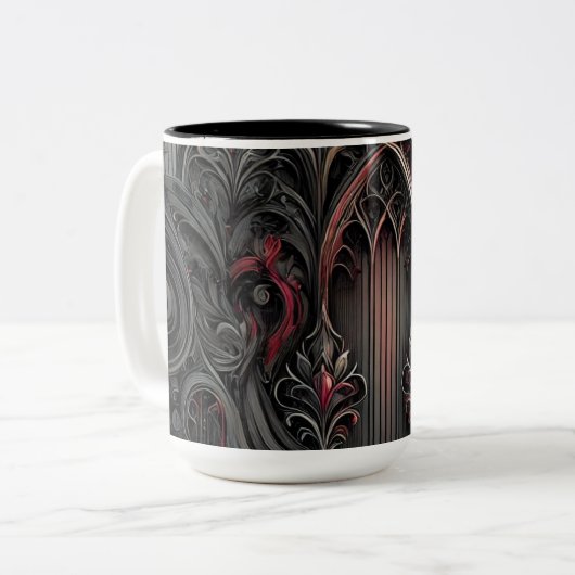 Gothic Arched Design Koffie Mok – Zwart en Rood Ar (Voorkant links)