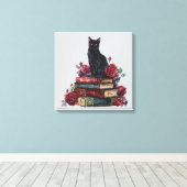 Gothic Art Zwarte Kat Antiek Boeken Crimson Rozen Canvas Afdruk (Insitu (Houten vloer))