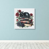 Gothic Art Zwarte Kat Antiek Boeken Crimson Rozen Canvas Afdruk (Insitu (Houten vloer))