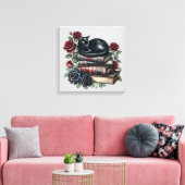 Gothic Art Zwarte Kat Antiek Boeken Crimson Rozen Canvas Afdruk (Insitu (Woonkamer))