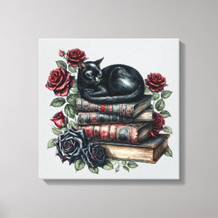 Gothic Art Zwarte Kat Antiek Boeken Crimson Rozen Canvas Afdruk