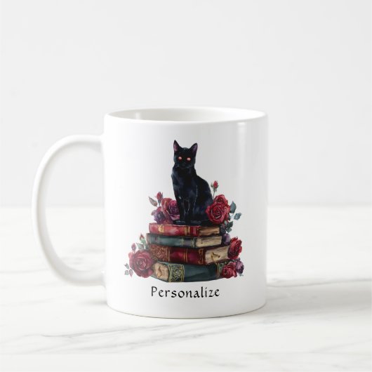Gothic Art Zwarte Kat Antiek Boeken Crimson Rozen Koffiemok (Links)