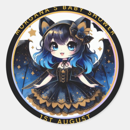 Gothic Baby Meisje Douche Bat Vampier Dank je Ronde Sticker (Voorkant)