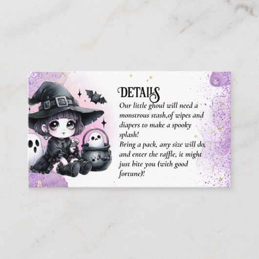 Gothic Baby Witch Douche Paarse Zwarte Luier Raffl Informatiekaartje (Voorkant)