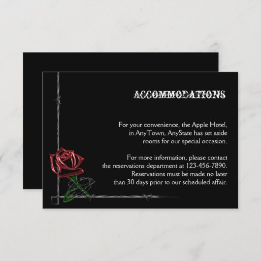 Gothic Barbed Wire en Roos Wedding Accomodations Informatiekaartje (Voorkant / Achterkant)