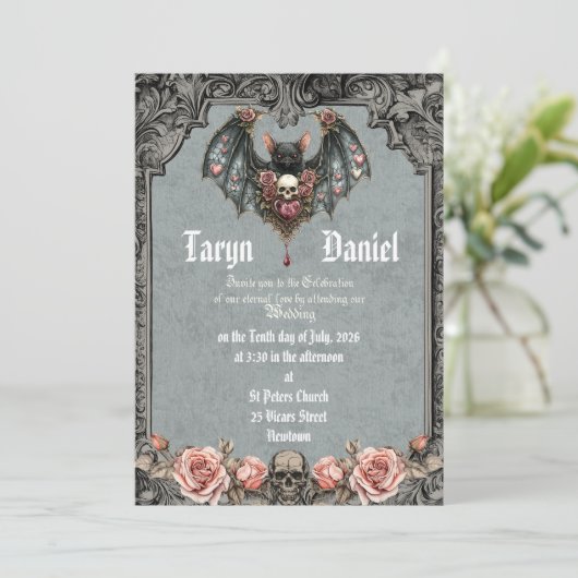 Gothic Bat Wedding Uitnodiging (Staand voorkant)