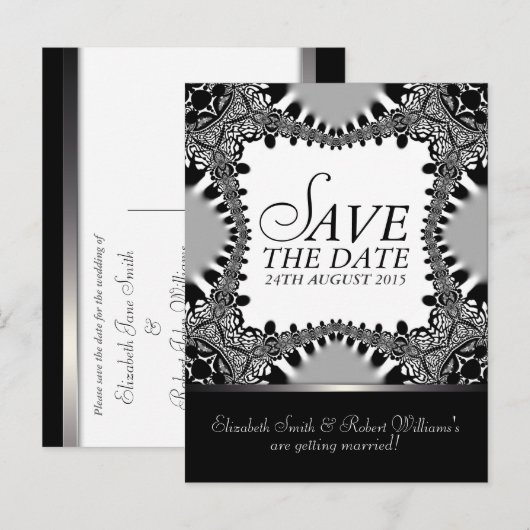 Gothic Batik Save the Date Black + Silver Briefkaa Aankondigingskaart (Voorkant / Achterkant)