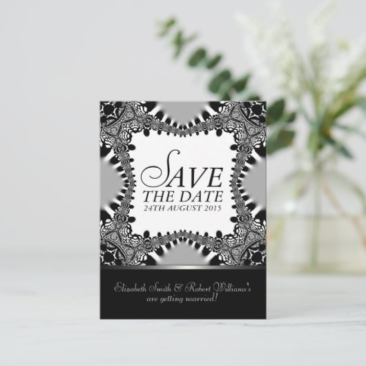Gothic Batik Save the Date Black + Silver Briefkaa Aankondigingskaart (Staand voorkant)