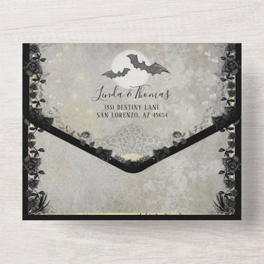 Gothic Bats Elegant Halloween MENU "Samen met" All In One Uitnodiging (Achterkant)