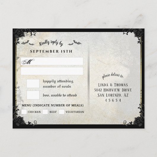 Gothic Bats Grey Halloween RSVP Menu Briefkaart (Achterkant)