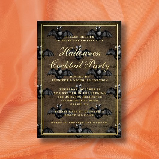 Gothic Bats Halloween Cocktail Party Gold Folie Uitnodiging
