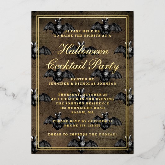 Gothic Bats Halloween Cocktail Party Gold Folie Uitnodiging (Voorkant)